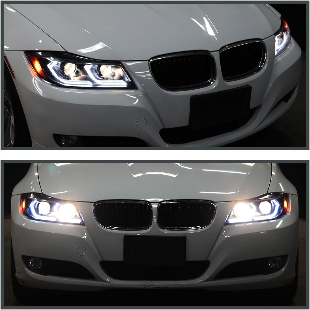 Black Dual Projector Headlights with 3D LED Tube Compatible with 2006-2011 BMW 3-Series E90 Sedan/E91 Wagon, Left + Right Pair Headlamps Assembly