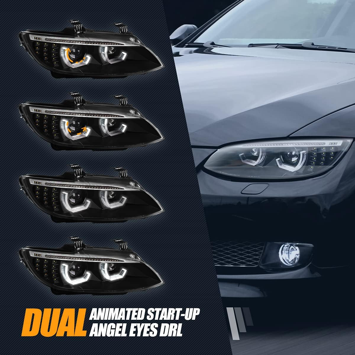 [AFS Dual Animated Start-Up Halo Sequential LED Turn Signal Projector HID Headlights, Compatible with BMW E92 E93 3-Series Coupe Convertible 07-13, Driver & Passenger Side, Black Housing