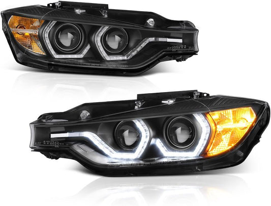 Truly Bright Series LED Halo Ring Black Housing Quad Projector Headlight Headlamp Assembly for 2012-2015 BMW 3-Series F30 Pre-Lci Sedan Halogen Model, Driver & Passenger Side