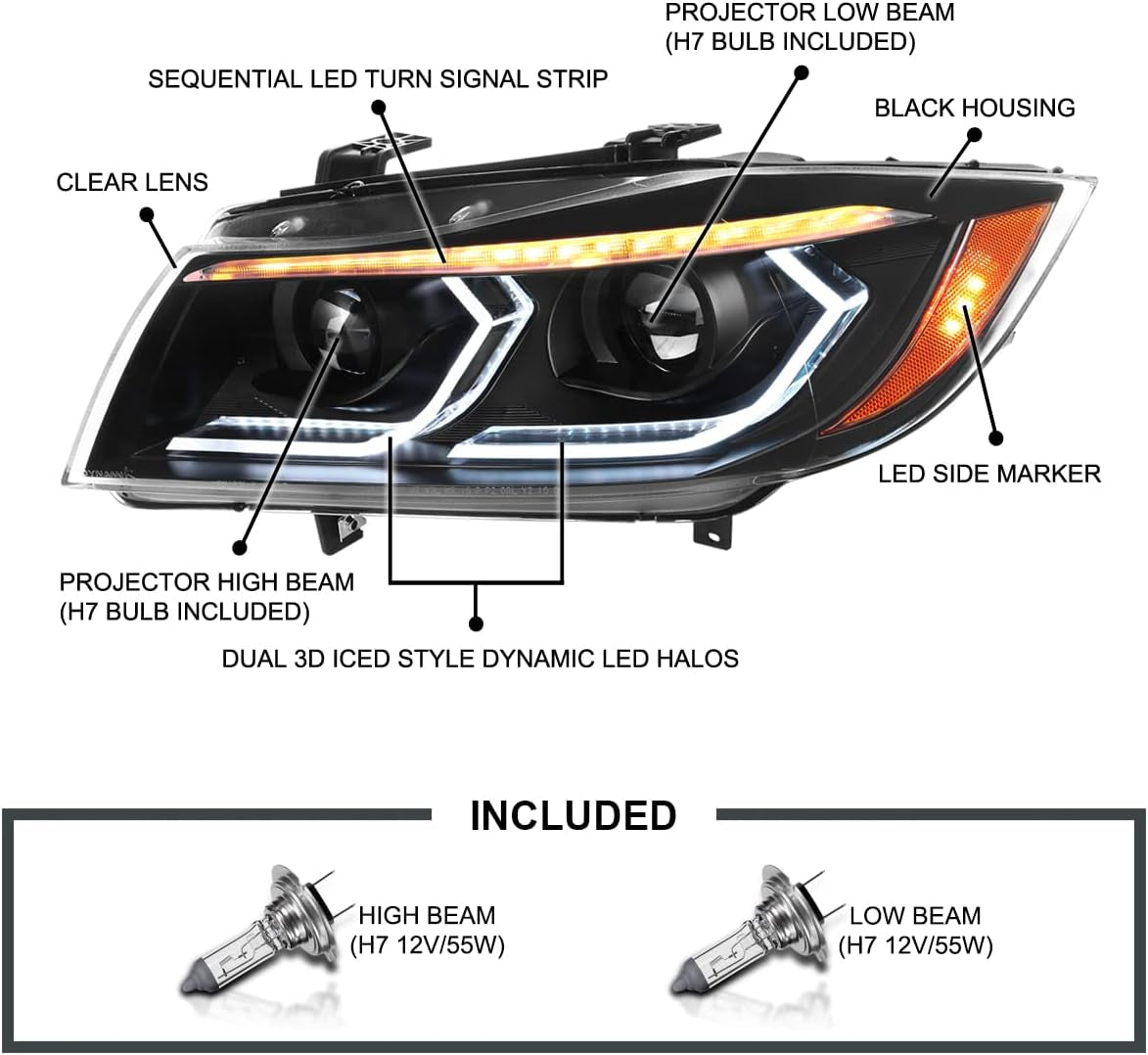 Black Dual Projector Headlights with 3D LED Tube Compatible with 2006-2011 BMW 3-Series E90 Sedan/E91 Wagon, Left + Right Pair Headlamps Assembly