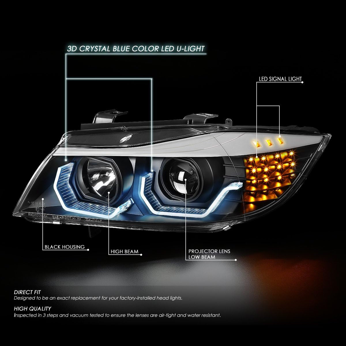 LED Halo Headlights Assembly Compatible with 2009-2012 BMW 3-Series 4-Dr Sedan, Driver and Passenger Side, 3D Crystal Blue U-Halo, Angle Eye LED Turn Signal, Black Housing