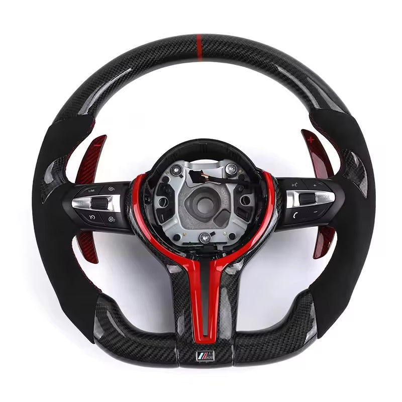 With Red Paddle Shifters Alcantara Leather Carbon Fiber M Sport Steering Wheel for BMW F10 F30 F01 F02 E90 E70 X4 F26 X6 E71 E65