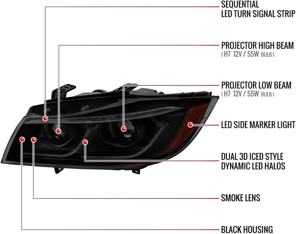 3D Iced LED Dual Projector Headlights (Black Housing/Smoke Lens) Made for and Compatible with 2006-2011 BMW E90 3 Series Sedan