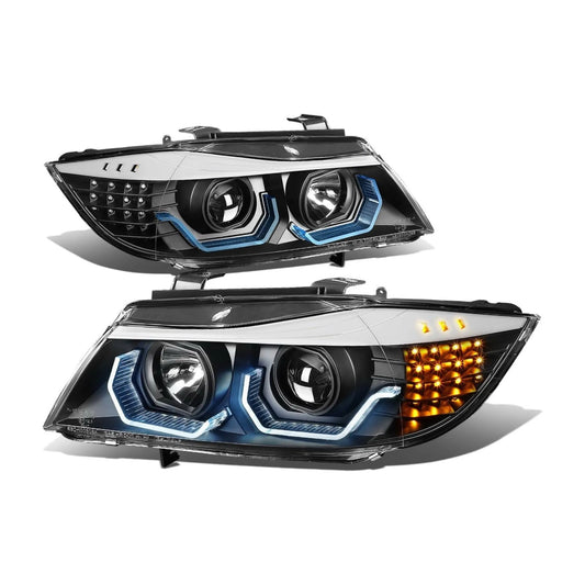 LED Halo Headlights Assembly Compatible with 2009-2012 BMW 3-Series 4-Dr Sedan, Driver and Passenger Side, 3D Crystal Blue U-Halo, Angle Eye LED Turn Signal, Black Housing