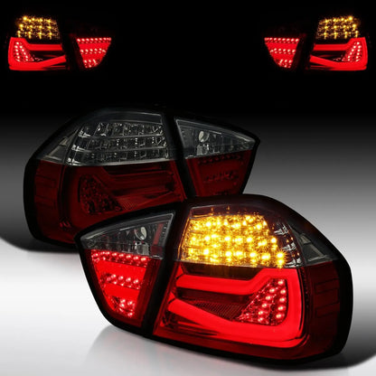 Compatible with 2005-2008 BMW E90 3-Series 4-Door Sedan, Left + Right Pair Assembly, Black LED Tube Tail Lights